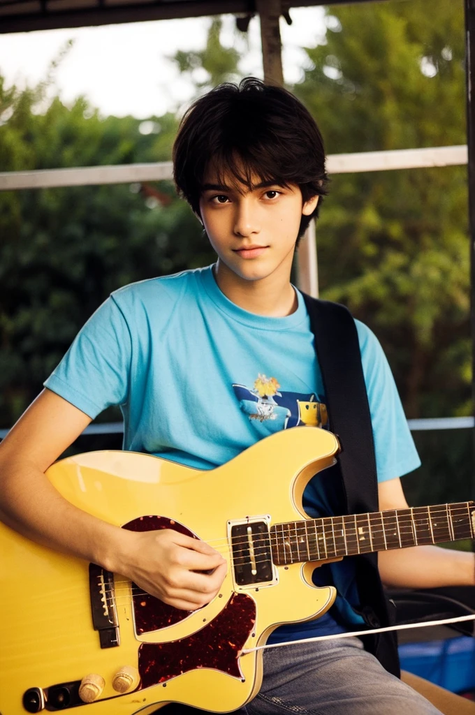 um homem jovem de 18 anos, playing guitar