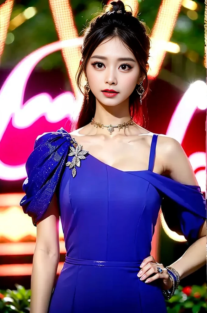 Tzuyu 1, woman, (Realistic), (Hyperrealism), (photoRealistic), Written boundary depth, eye make up:0.7 (whole body:1.8), (Large Bust),(Tight waist), Observe the audience,At the flower garden, Fashion Model, A sexy dress with open shoulders and neckline