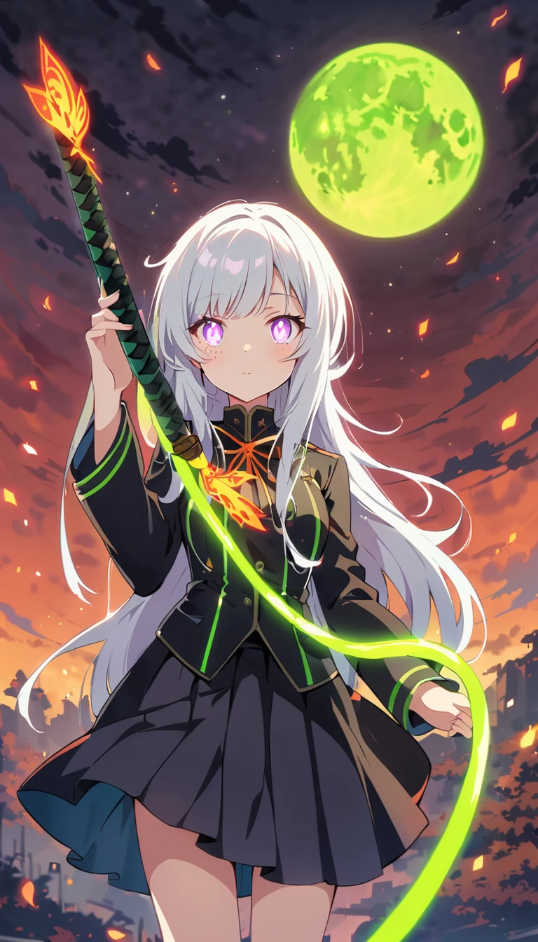 Blurred outline of existence, bright white eyes, ,Blurred outline of existence, Fully white glowing eyes,,White flowers on eyes,Fire butterflys,Anime style,1 girl,Silver long hair,(((White spots on eyes:1.37))),Black pleated skirt,Samurai sword in hand,Elegant Posture、Red Moon、dark purple tones,Elegant and atmospheric。,(((Fluorescent green whip:1.37)))