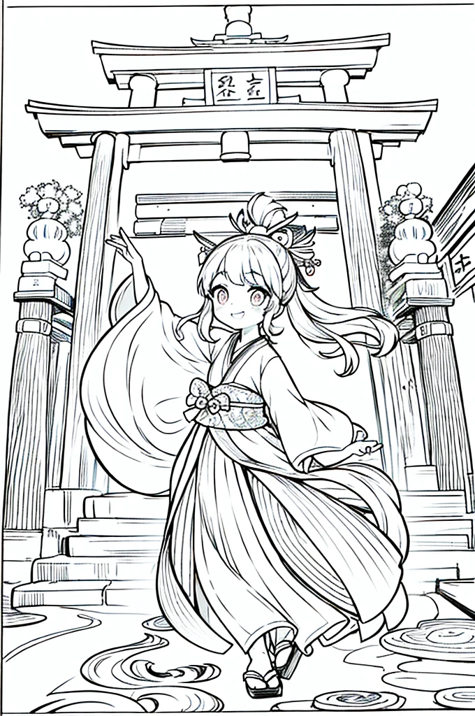 As a coloring book, the color should be black and white, the border should be simple, clear, and bold. A cheerful Asian girl with bright eyes and a mischievous smile is playfully posing in front of the iconic [Fushimi Inari-taisha Shrine] in Kyoto, Japan. She is dressed in a vibrant [kimono with fox pattern], the bold orange and white colors complementing the vermilion torii gates that line the path. The girl's hands are clasped in a playful gesture, and her hair is adorned with a traditional [kanzashi hair ornament].