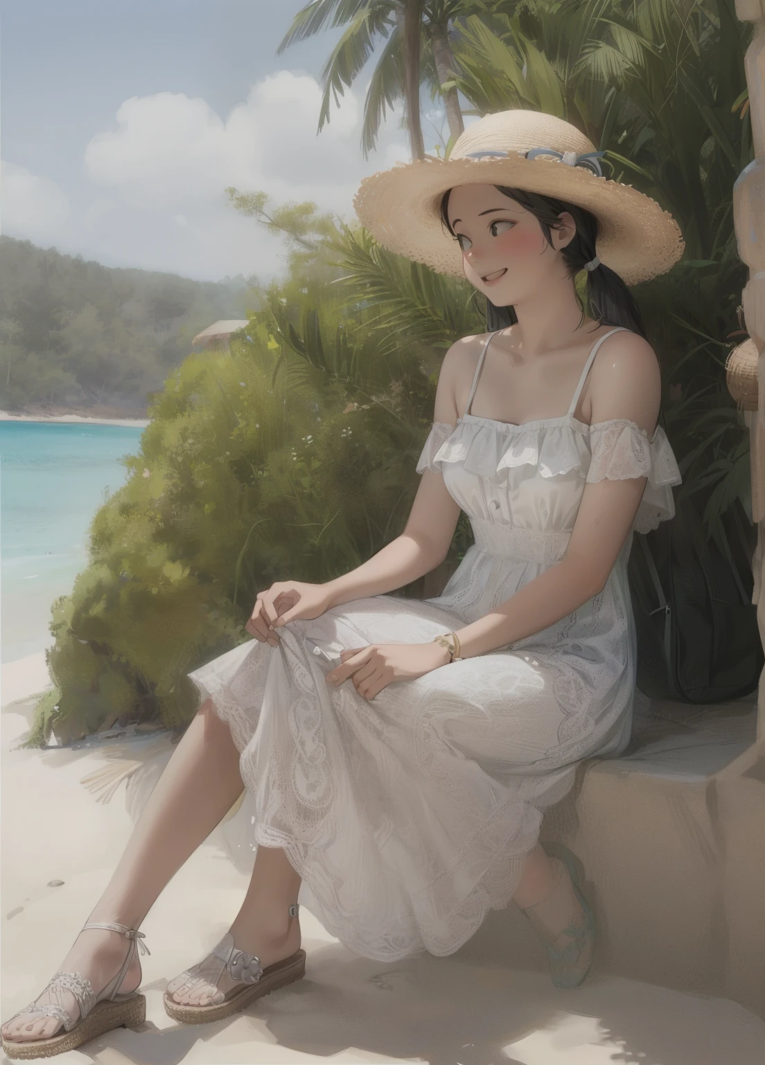 (masterpiece、Highest quality、Highest quality、Official Art、Beautiful and beautiful:1.2)、(One girl:1.3)Hatsune Miku、Twin tails,Beautiful breasts, Detailed Background、Highest quality、Beach、3 beauties in their 20s、Cute hairstyle、Big Breasts、smile、Feminine and cool one-piece style、Opt for flared skirts and maxi dresses、Choose cool materials、Pair it with sandals or espadrilles、Add a resort feel with a straw hat and tote bag.、Bright colors and patterns、By incorporating ruffles and lace details、Creates feminine charm
