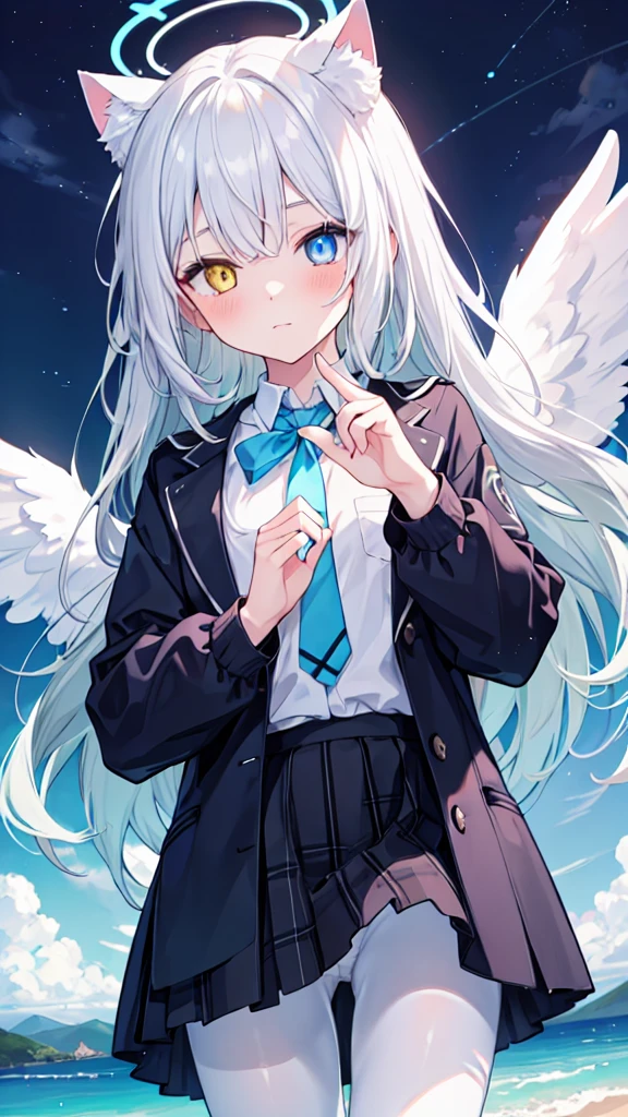 Angel Wings,Blue Halo,White pantyhose,White long hair,Flowing long hair,Cat ear,Heterochromia(Left blue right yellow),female face,There are bright spots in the eyes,Female hands,White little hands,Normal fingers,flat chest,On an island in the sky,night