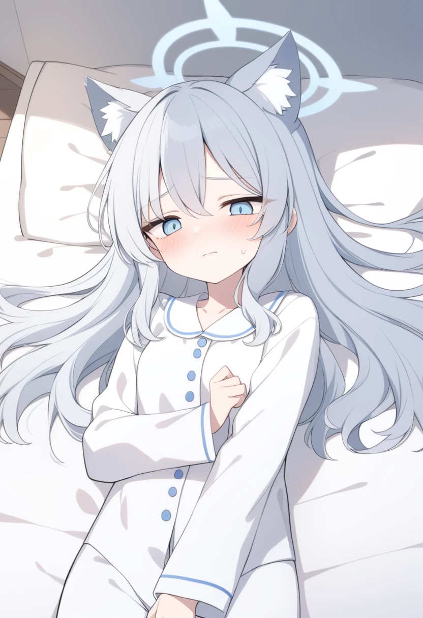 girl,Silver long hair, blue eyes, Wearing white pajamas,Lying in bed,Tired expression, blue halo,Gray wolf ears