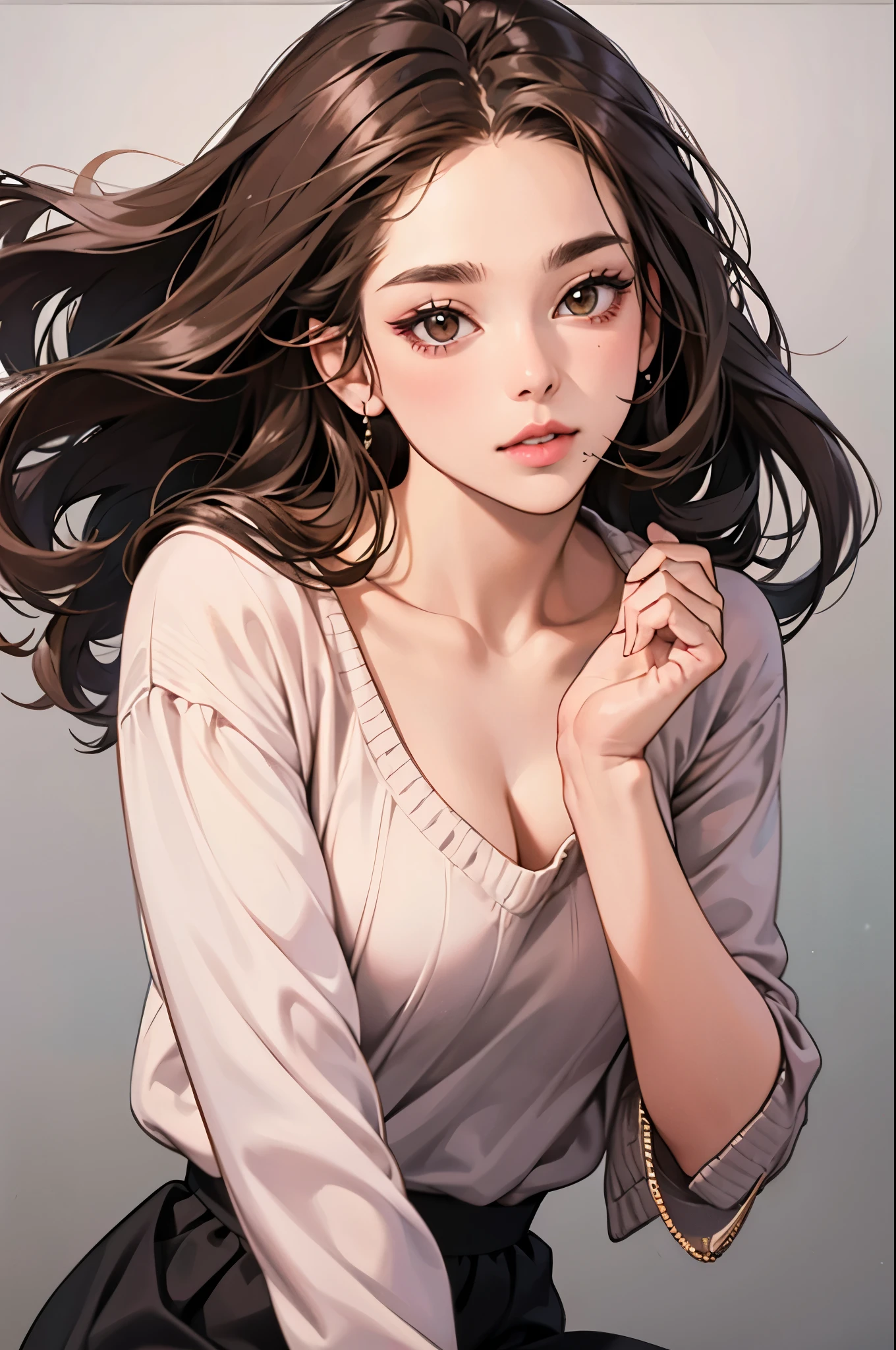 Girl, long straight brown hair, brown eyes, sharp features, white skin, pink lips, perfect, sweater
