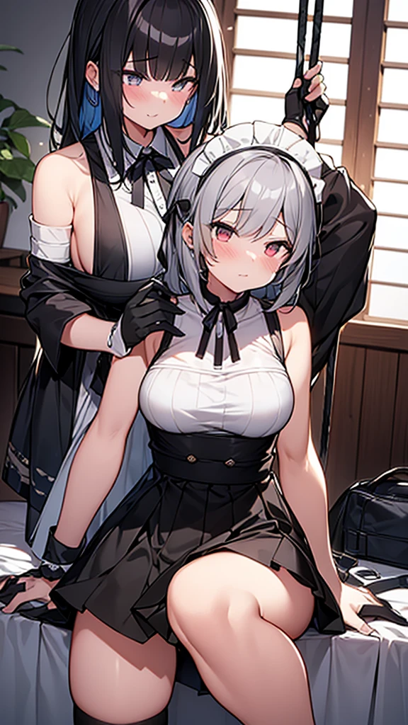 ((masterpiece)), (Highest quality、32k), (Simple style), (Faceless,Face peeling), 2 Girls, A maid who uses her face-peeling ability to peel the skin off of a young lady and transplant it onto herself, and a young lady whose face has been peeled off by a maid, Big Breasts, Big Swing Chest, Wearing a face stolen from someone else, Sexy body, Sleeveless, No sleeve, Off the shoulder, Black Dress, Pleated lace, Lace dress, black knee socks. Standing, whole body, both hands touch the face, Luxurious Room, {{A young lady who used her face-peeling ability to peel off the face of a young lady, leaving her face blank, and a maid who transplanted the peeled face onto her own face.}}, Browsing Caution, NSFW
