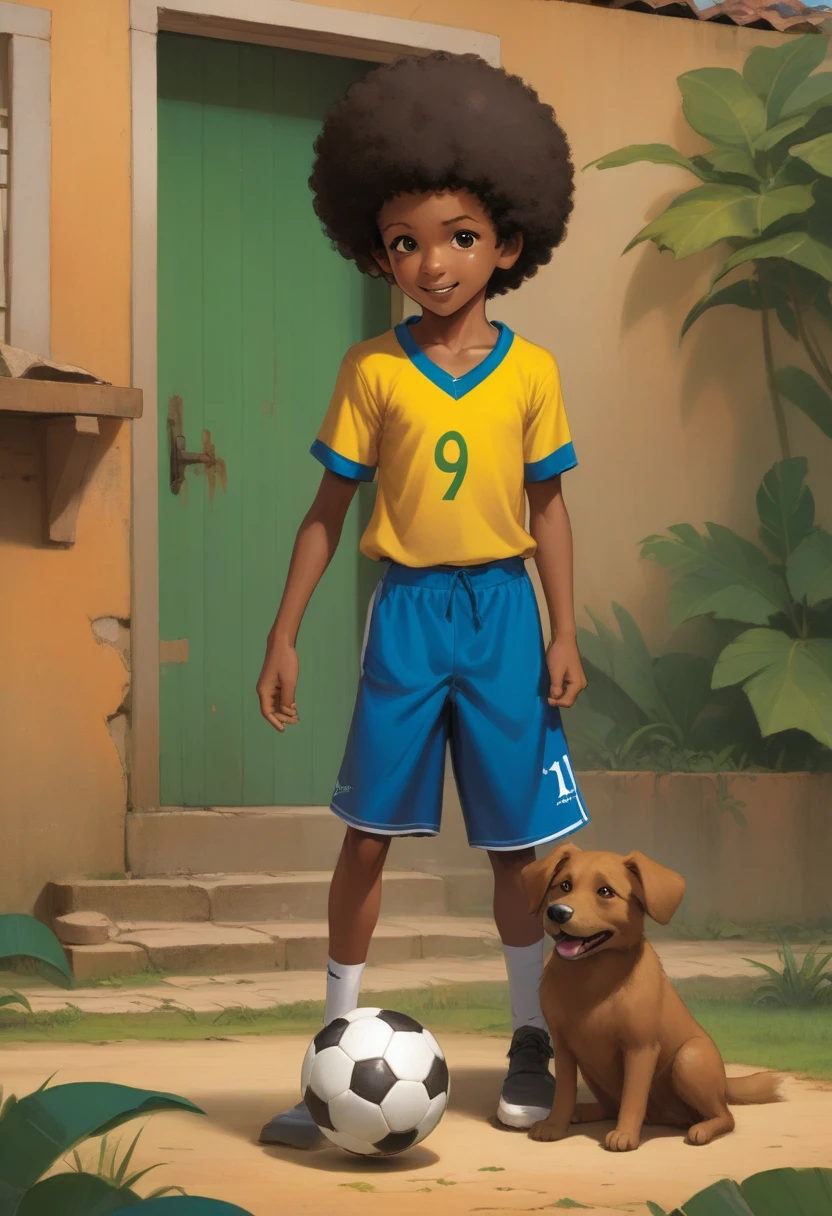 A poor Afro-Brazilian boy in a typical Brazilian house playing with a soccer ball drawn by Todd McFarlane and Greg Capullo, he is wearing old and torn clothes, he is playing with a soccer ball and playing with his dog, a backyard of a typical Brazilian house in the background, brown dog typical of Brazil, the dog tries to bite the soccer ball, a soccer ball at the boy&#39;s feet, the soccer ball must appear in the image, Robert Downey Jr Reference.., engine unreal, octane rendering, por Jacob Lawrence e Francis picabia, perfect composition, beautiful detailed intricate insanely detailed octane rendering trending on artstation, 8k art photography, photorrealistic concept art, soft natural volumetric cinematic perfect light, Bright dark, rewarded photography, artwork, oil on canvas, rafael, caravaggio, Greg Rutkowski, beetle, Beksinski, giger, face with two large central incisors and visible gums, the boy is running and we can see his teeth and gums, the detail, highy detailed, photo realist