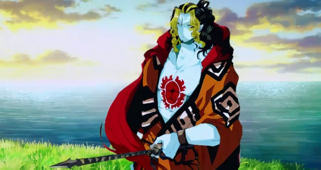 anime character with sword standing in front of a body of water, handsome guy in demon slayer art, from one piece, in jojo\'s bizarre adventure, style of gurren lagann (2007), kimetsu no yaiba, anime character; full body art, sengoku - era art style, ninja scroll anime style, guilty gear strive graphics one piece style