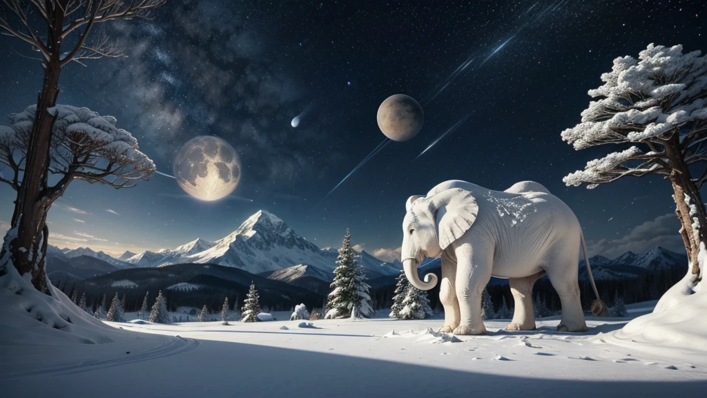 An uninhabited planet where there are two giant moons, large trees with navy blue leaves, big snow mountains, and animals similar to white elephants and with soft, dense fur