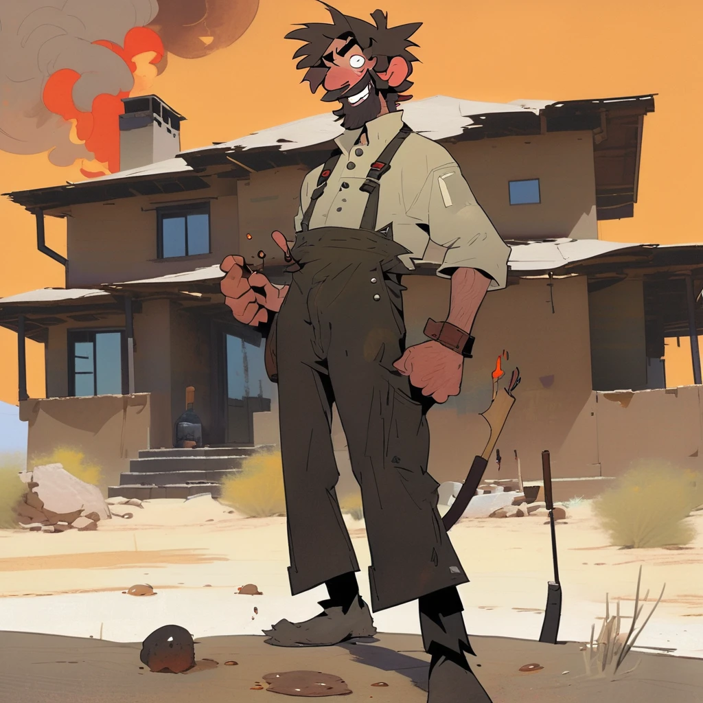 1man, Western, black wavy Messy hair, burnt hair, Leather apron, White button-down shirt, black pants patched, Failed beard, young adult, Thin, full body, Holding a Dynamite bomb, outside a house in the desert, Dirty with soot, Laughing, explosives, dynamite, Hunchback, Poorly groomed beard, failed beard