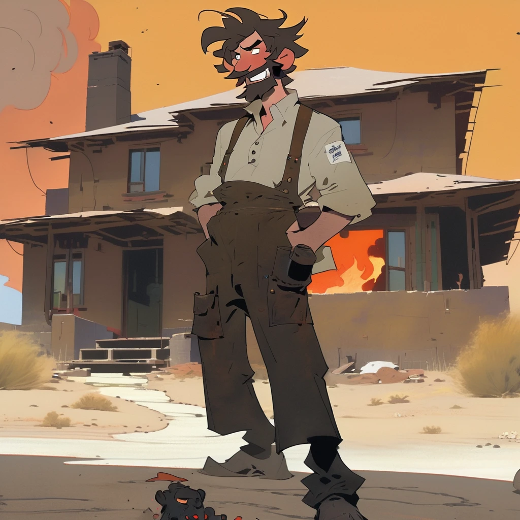 1man, Western, black wavy Messy hair, burnt hair, Leather apron, White button-down shirt, black pants patched, Failed beard, young adult, Thin, full body, Holding a Dynamite bomb, outside a house in the desert, Dirty with soot, Laughing, explosives, dynamite, Hunchback, Poorly groomed beard, failed beard