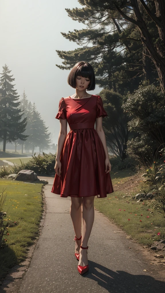 A ghostly with a bob haircut, wearing a red dress, standing in a foggy park. Her face is not visible.