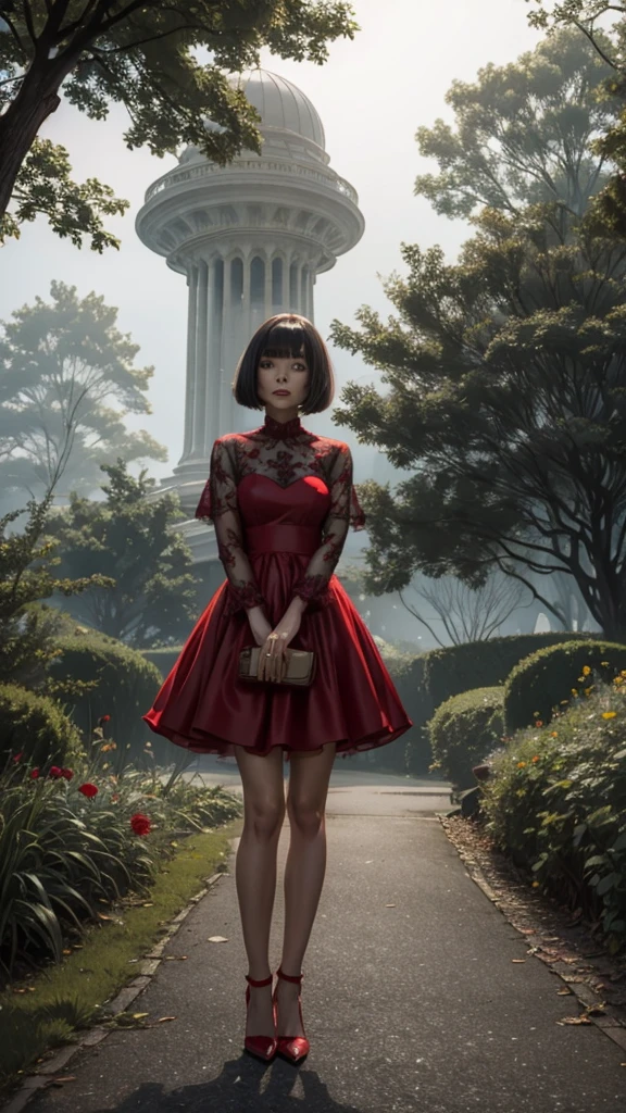 A ghostly  with a bob haircut, wearing a red dress, standing in a foggy park. Her face is not visible.
