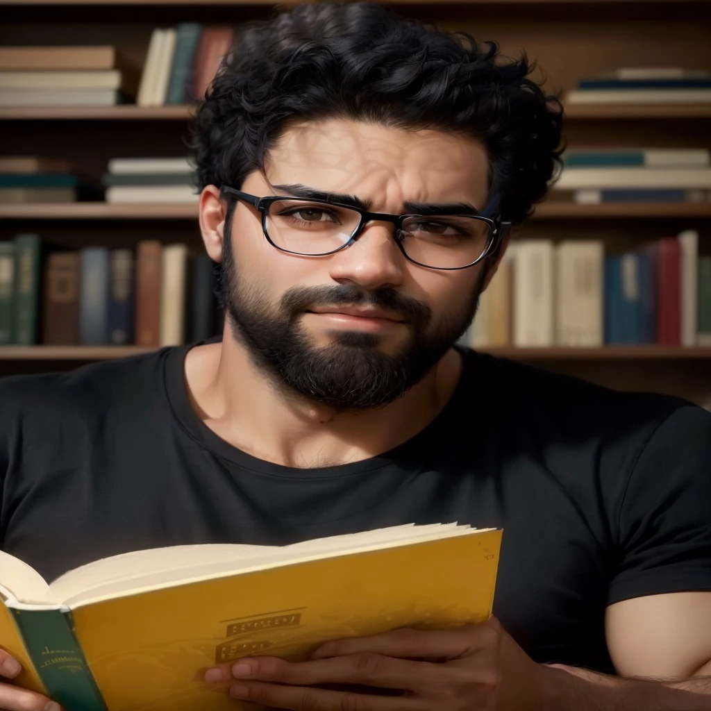 arafed homem de raça negra de óculos reading a book in a library, um retrato de Rahul Kohli, Portrait in medium plane, man with glasses, book portrait, reading in the library, he is holding a big book, reading a book, Portrait photo, wearing black-rimmed glasses, wearing reading glasses, intense knowledge, jewish young man with glasses, reddit post, serious and focused look