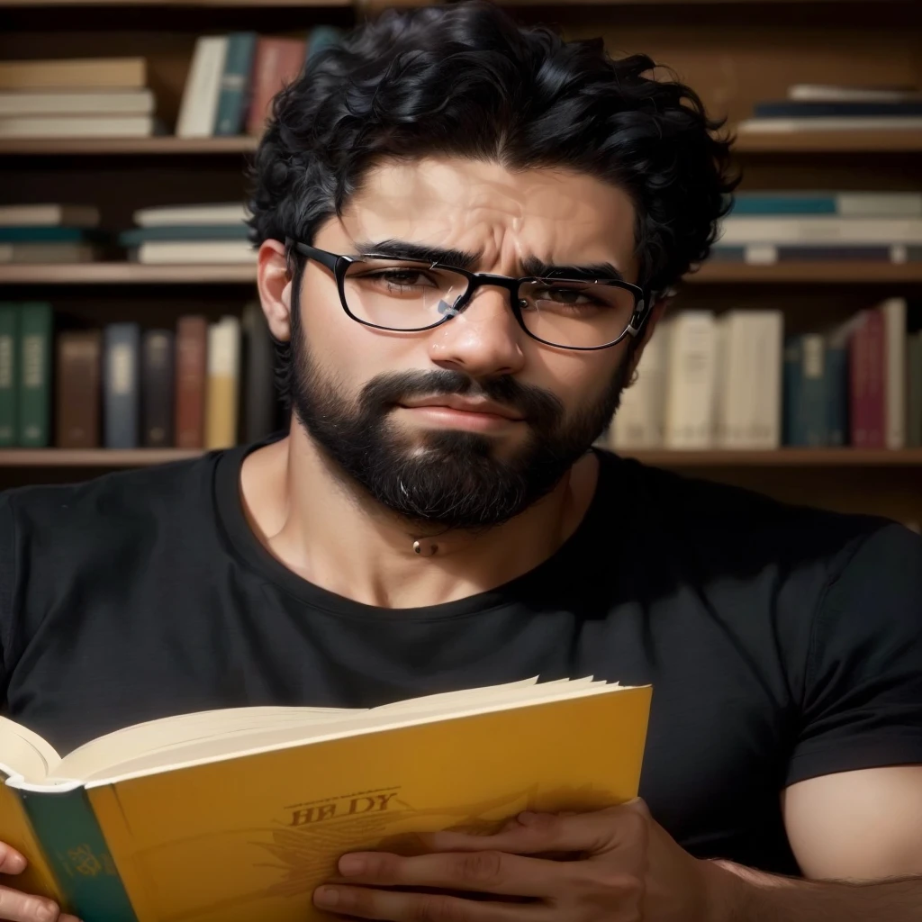 arafed homem de raça negra de óculos reading a book in a library, um retrato de Rahul Kohli, Portrait in medium plane, man with glasses, book portrait, reading in the library, he is holding a big book, reading a book, Portrait photo, wearing black-rimmed glasses, wearing reading glasses, intense knowledge, jewish young man with glasses, reddit post, serious and focused look