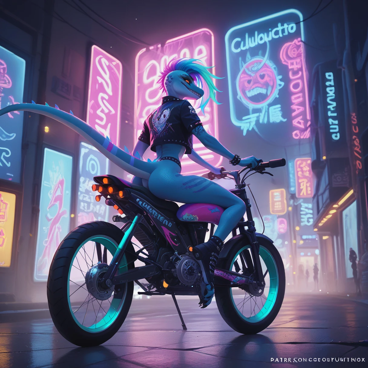 （Furry、Lizard girl riding a bike）Fluorescent Body、Colorful Neon、cyber punk、Lane