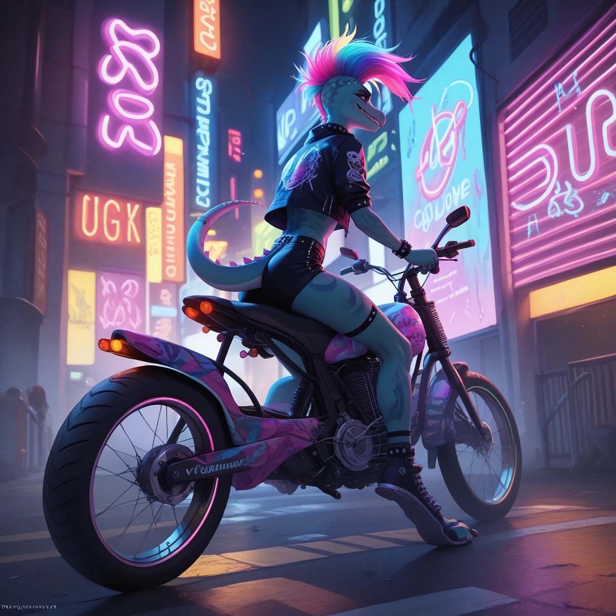 （Furry、Lizard girl riding a bike）Fluorescent Body、Colorful Neon、cyber punk、Lane