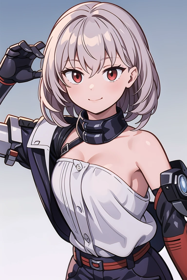 (masterpiece,best quality,ultra highres,ultra detail,novel illustration:1.4),1girl,cowboy shot,ard3nSW,nikkesw,abruzzidef, mechanical arms,single mechanical arm,prosthesis,white hair,red eyes,long hair,flat chest,smile