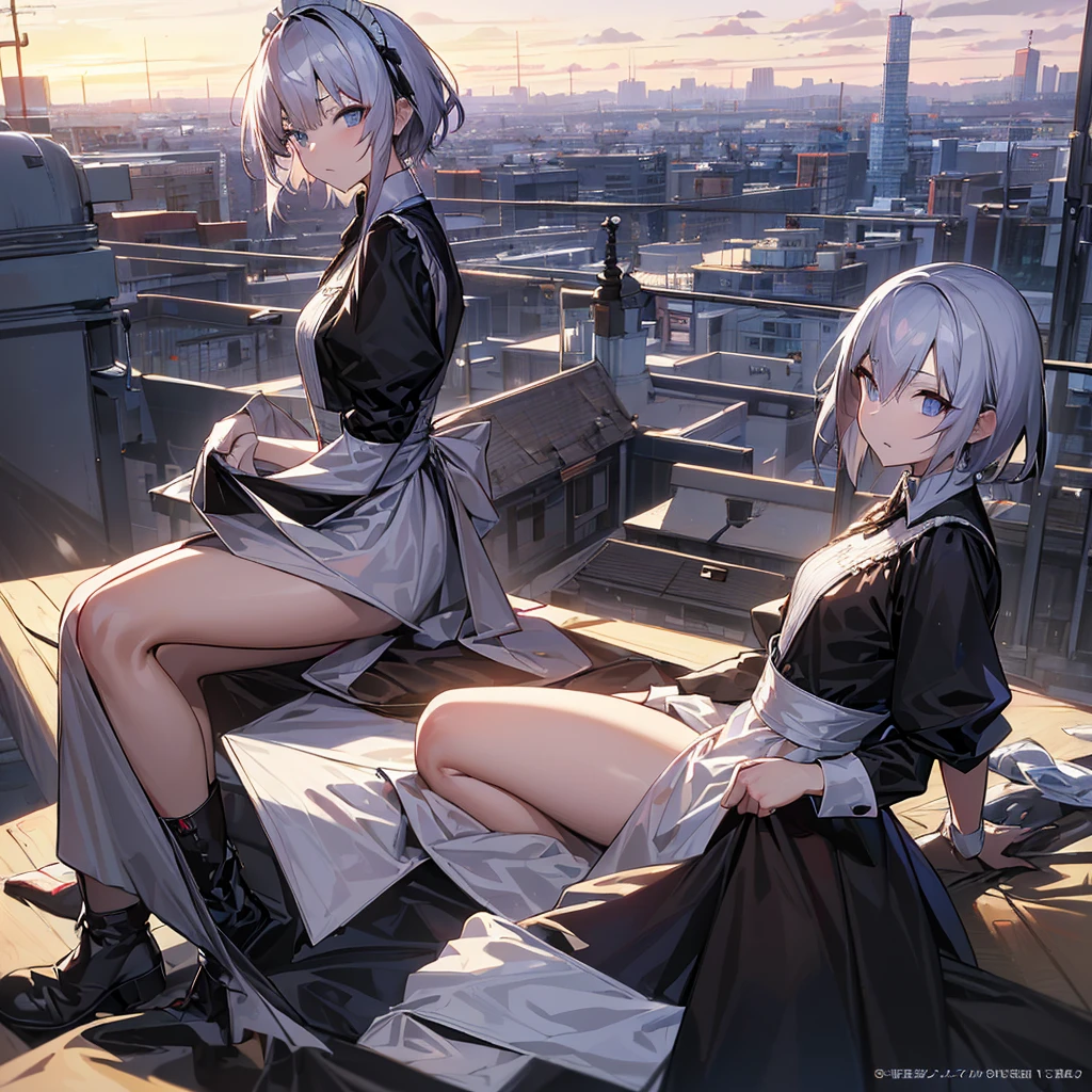 Illustration of one person, Dengeki Bunko, Woman Looking Back, Perfect Human Medicine, Woman keeps falling, {{{{{Maid clothes}}}}},Small Tits,anime, Two legs, Cool,{{{{{50 year old woman}}}}} ,{{{{{a person is depicted}}}}},(Official Art、{{{{{Upper Bodyアングル}}}}},Highest quality、Unity 8k wallpaper、32k、masterpiece、Ultra-detailed、Ultra-high resolution, Realistic、Grab your hair with your hands, Photorealistic:1.2)、(Cinema Lighting:1.2)、,Fire Glow Effect、The most grainy shadows on the film、Rim Light、Side light、Side Shot、(Ultra-detailedで複雑な3Dレンダリング)、Very short hair, Short wolf hair,細部までBeautiful Faceと目、Sharp pupils、Realistic生徒、Slender、Highly detailed background、Beautiful Face、Beautiful girl、(Ultra-detailedなスキン、Detailed skin texture:1.Silver Hair:1.3)、Blunt bangs、blue eyes、{{{{{黒いMaid clothes}}}}}、White apron costume、Black knee socks、(Thighs Thighs Thighs Thighs:0.8)、Black Bhutanese sticks and a beautiful sunset、Medieval castle、Dancing on the Tower Roof、(avert your eyes、Overlooking the city:1.3)、Fantastic、Close your mouth and bite, Makes your face smaller, (Tabletop), Highest quality, Perfect Face, 1 Girl, alone, Eye color is light blue, Hair between the eyes, Very Short Hair, blue eyes, Silver Hair, Knee-high boots, corset,Black gloves, Long sleeve, Upper Body,