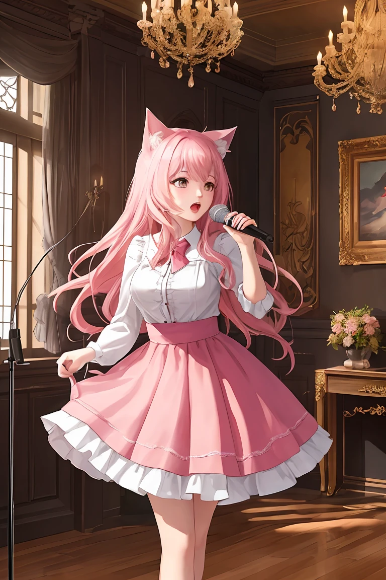 score_9,score_8_up,score_7_up,masterpiece, top quality, best quality, official art, beautiful and aesthetic, animation, , 1girl with cat ear, perfect figure, pink hair, complicated details, music room, standing in front of the microphone, wearing a beautiful skirt, singing in a girlish voice ,