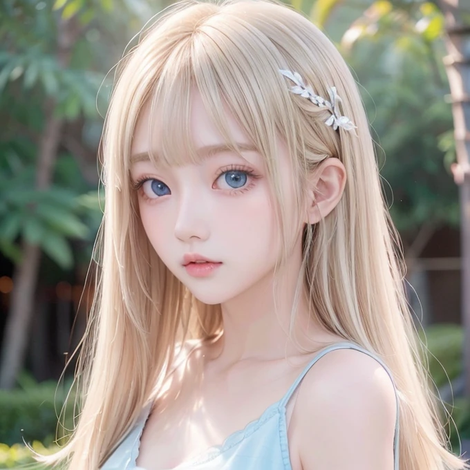 Golden shiny hair、Super long straight silky hair、Dazzling blonde super long silky hair、20 years old cute little beautiful face、A beautiful girl、Sparkling blonde dancing in front of a pretty face、Long, silky bangs that cover the space between the eyes、Very beautiful, bright, large, light blue eyes、Very big eyes、Hair that hides the face、Sexy pretty young woman with super long bangs、Very white skin、Cheek gloss highlighter、Small Face Beauty、Round face、Cute Shirts、Ample Bust 、pink small nipples