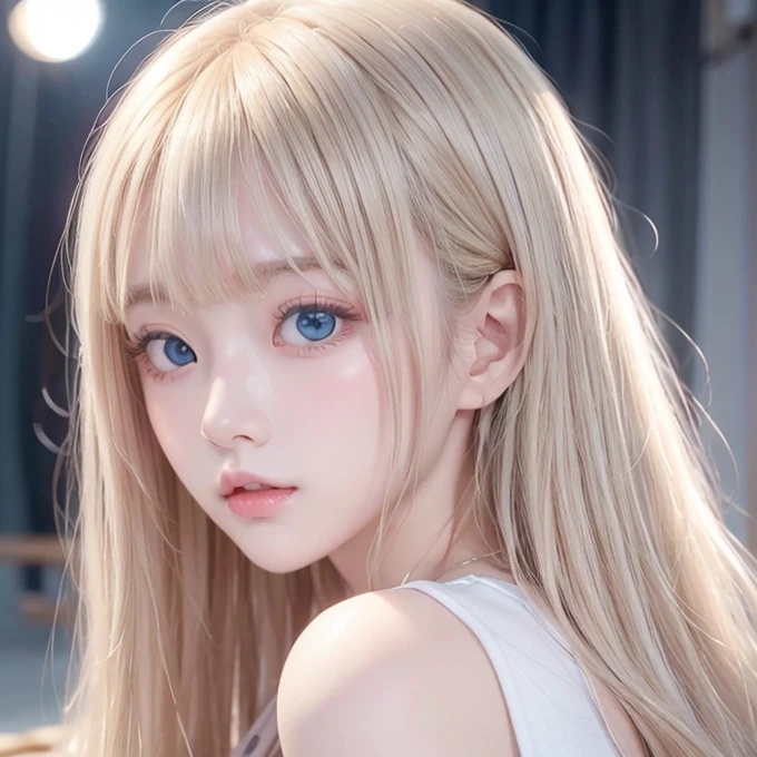 Golden shiny hair、Super long straight silky hair、Dazzling blonde super long silky hair、20 years old cute little beautiful face、A beautiful girl、Sparkling blonde dancing in front of a pretty face、Long, silky bangs that cover the space between the eyes、Very beautiful, bright, large, light blue eyes、Very big eyes、Hair that hides the face、Sexy pretty young woman with super long bangs、Very white skin、Cheek gloss highlighter、Small Face Beauty、Round face、Cute Shirts、Ample Bust 、pink small nipples