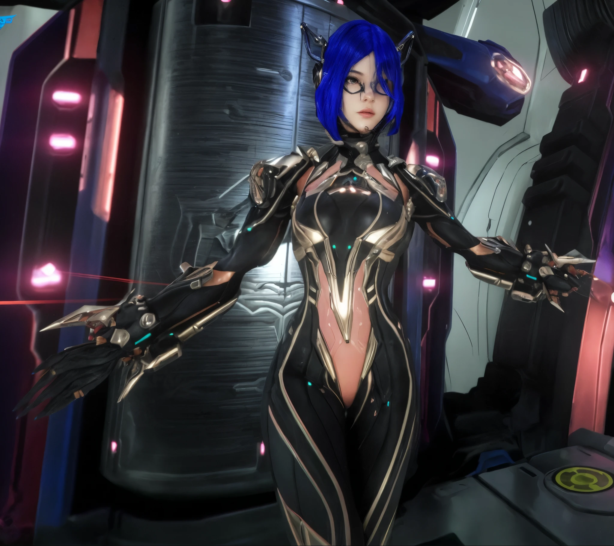 there is a woman in a futuristic suit standing in a room, of a beautiful female warframe, girl with mecha cybernetic armor, sharp silver armor fuchsia skin, cyber suit, dressed in cybernetic armor, diverse cyber suits, cyber suits, Exoskeleton Armor, thick, smooth warframe thighs, de um lindo warframe saryn, detailed warframe
