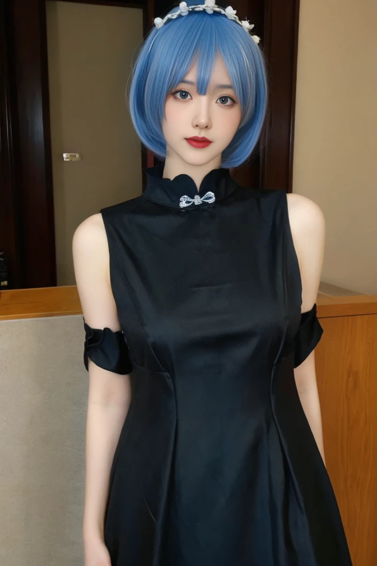 best quality, tmasterpiece,Ultra-high resolution,Clear face,(Reality:1.4),ferpect lighting,(upper body:1.3), (photorealistic:1.50), anime wallpaper, Guviz style artwork, cover-up fantasy up to magic , by Yang J, Guviz, beautiful artwork illustration, beautiful digital artwork, beautiful digital illustration, Li Song, beautiful anime portrait, art style in Beauvot, black nightgown, see-through, yinziping,1girl, 独奏, (blue hair:1.5), short hair, hair ornament, hair ribbon, anklet, dress, black hair, standing, (Chinese dress:1.3), black dress, Hanfu,