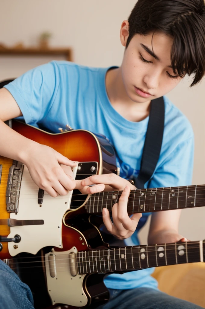 A young 18 year old man, playing guitar, detailed hands