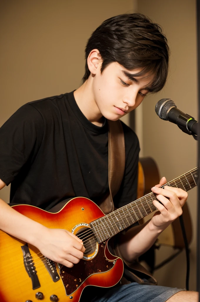 A young 18 year old man, playing guitar, detailed hands