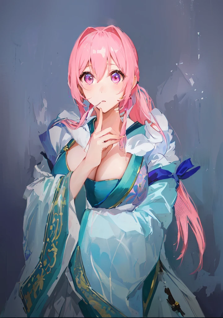 Pink Hair、Anime girl in blue dress poses for photo, Pink ponytail hair and pink eyes, Produced in collaboration with Anime Painter Studio, In the anime painter studio, Portrait of the Knights of the Zodiac,  Sonison，超级Sonison， pixiv 3dcg, 穿着漂亮裙子的cute动漫女孩, Pixiv competition winner, Digital Art on pixiv，Three Kingdoms。Three Kingdoms志，中Chinese style，Chinese style，antiquity，Three Kingdoms无双，，Huge breasts，Good shape，cute