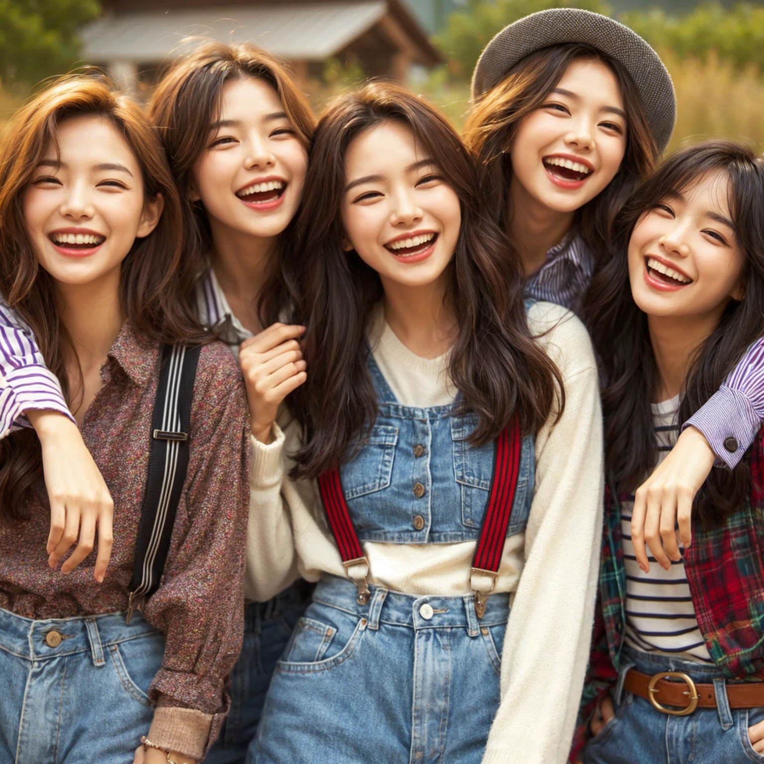 Create a scene featuring a group of five young friends enjoying a joyful moment together outdoors. They are all standing close, with arms around each other’s shoulders, laughing and smiling. The friends are dressed casually in trendy, youthful attire that reflects their individual styles, including a mix of patterned shirts, sweaters, suspenders, and jackets. The background suggests a natural setting, possibly a park or an open field, adding to the relaxed and happy atmosphere. Emphasize the sense of camaraderie and the fun they are having together.