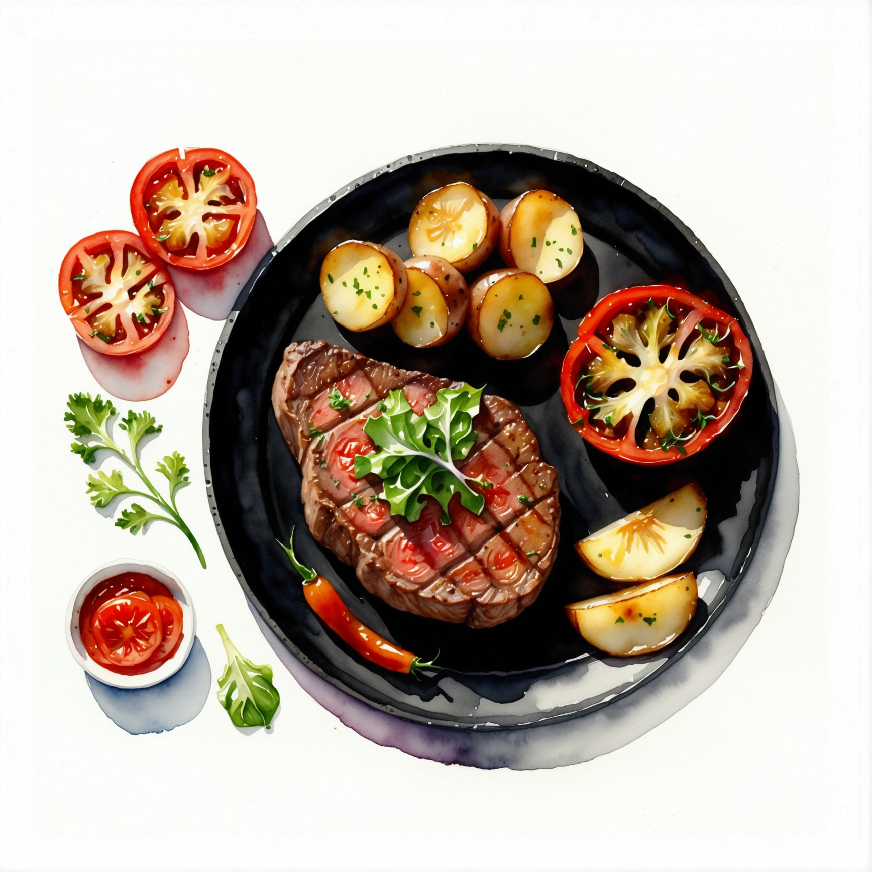 there is a delicious tenderloin steak and baked potatoes served on a hot black plate with slices of baked tomatoes and some green lettuce vegetables, illustration, isolated with solid white background, surrounded with negative space, centered compositon, 8k, highest detailed painting, very precise painting, Isolated, clear brilliant white background, perspective angle of view, cartoon style, ((watercolor)), 