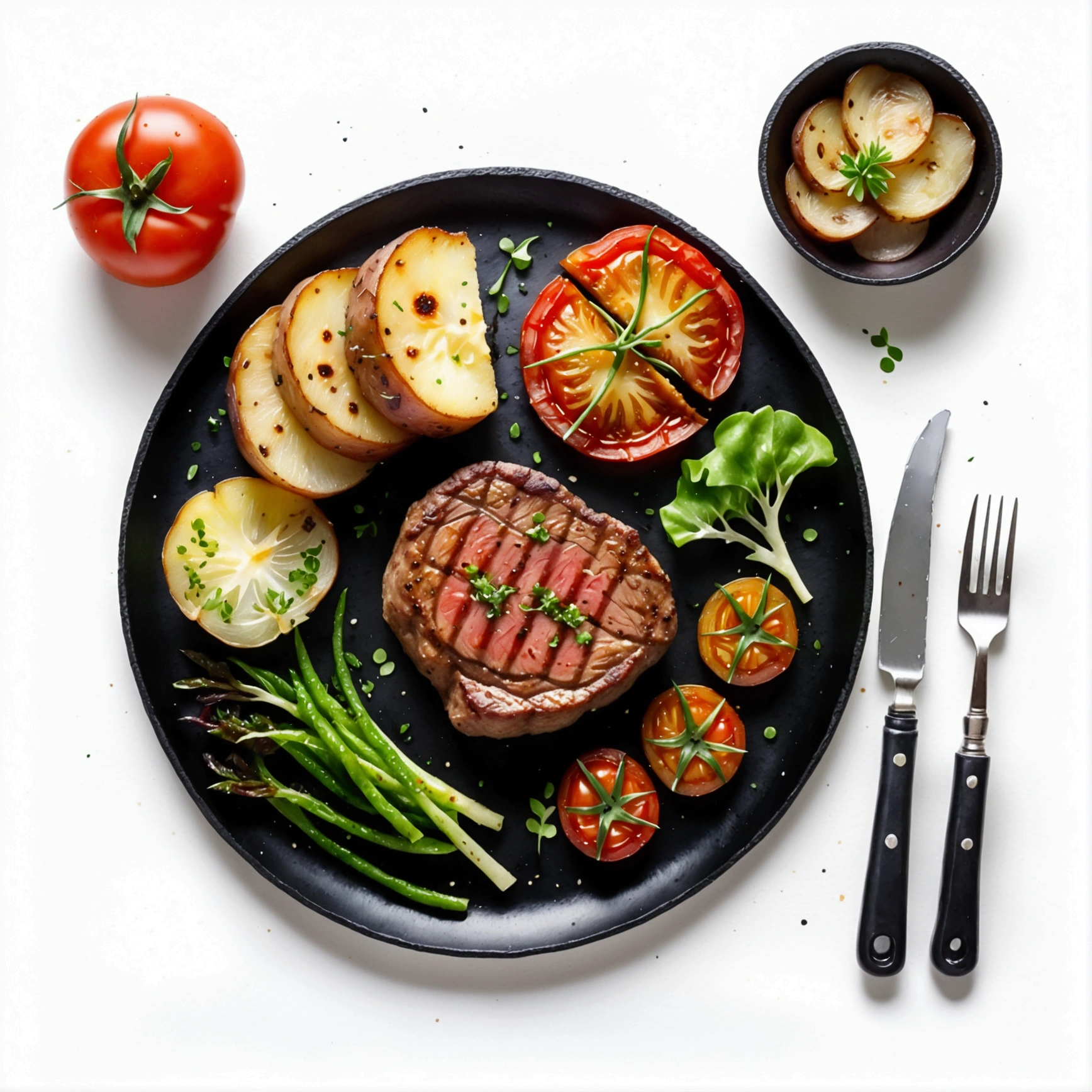 there is a delicious tenderloin steak and baked potatoes served on a hot black plate with slices of baked tomatoes and some green lettuce vegetables, illustration, isolated with solid white background, surrounded with negative space, centered compositon, 8k, highest detailed painting, very precise painting, Isolated, clear brilliant white background, perspective angle of view, cartoon style, ((watercolor)),