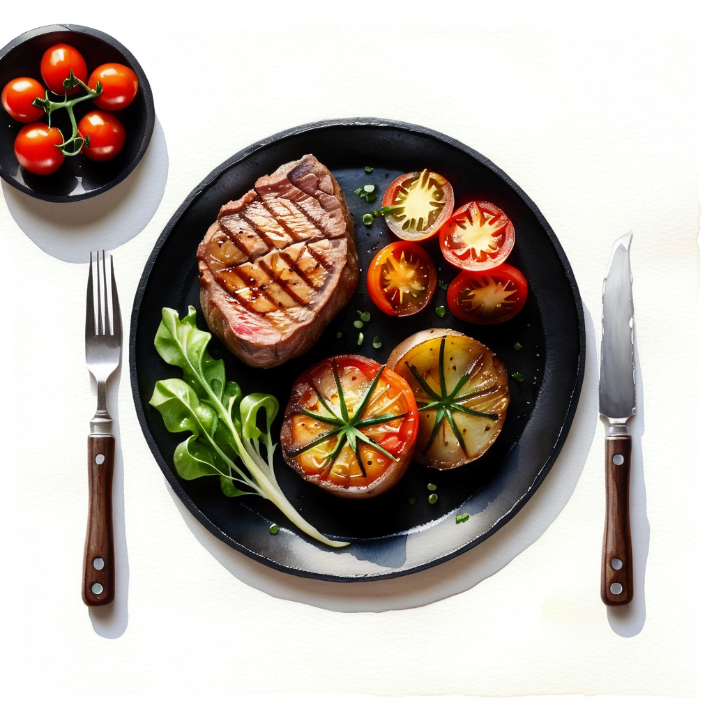 there is a delicious tenderloin steak and baked potatoes served on a hot black plate with slices of baked tomatoes and some green lettuce vegetables, illustration, isolated with solid white background, surrounded with negative space, centered compositon, 8k, highest detailed painting, very precise painting, Isolated, clear brilliant white background, perspective angle of view, cartoon style, ((watercolor)), 