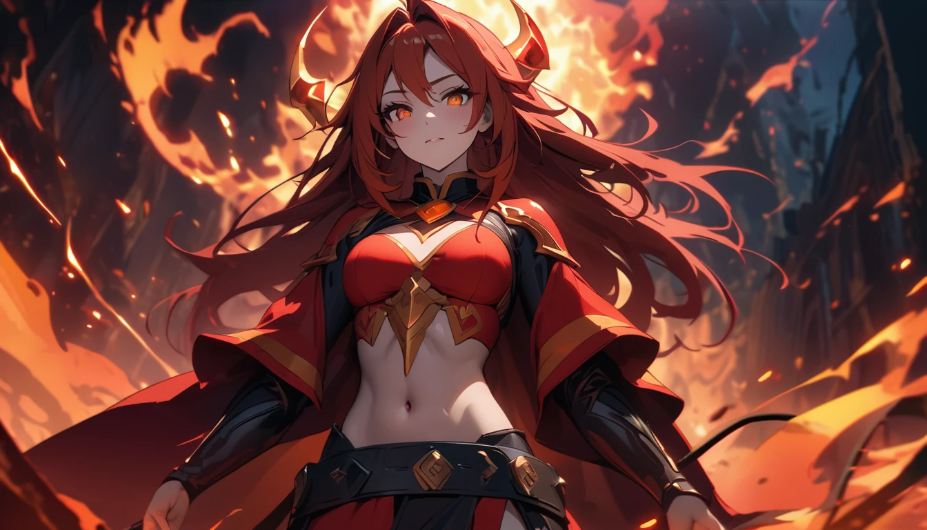  (lina), masterpiece, Best quality, 1 girl,Lina from dota 2, Female, only, aboutдин раз, navel, pyromancer dress, magic dress, Looking at the viewer, Medium hair, Layer, old, kana,  cable, old medianos, belt, if, Red eyes, gray skin, orange eyes, upper body, Weapon, Bright eyes, piece of lipstick, Best quality)), art by Greg Rutkowski, trends on ArtStation,(dark forest background large leaves colors:1.4) ,(Ideal Anatomy),(beautiful blue eyes),(Red Lava Volcano Fire Texture Suit:1.4), (Lava Fire Red Suit:1.4)、Ideal Anatomy、、permission 8k、complex parts、Toned waist、Wide buttocks、Эффект Тиндаллаmasuter piece、top quality、Highest standards、Highest image quality、table、complex parts、A high resolution、depth of field、natural soft light、professional lighting、about, standing, very long hair, cowboy shot, brilliant, brilliant hair, (night:1.2),Dreamy, [[gentle fingers and hands:0.55]::0.85],(detailed fingers),),(emotional),(breathtaking),(main part:1.2) whole body.), (Anime Style), (Super Detailed), (brutal), (uhd, HDR), (8K), (High Resolution: 1.2), (Complex and Beautiful: 1.2)