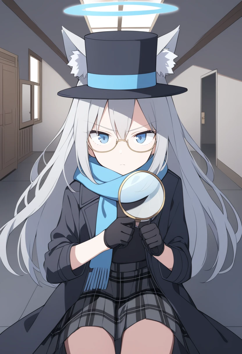 girl,Silver long hair, blue eyes, Wearing a black trench coat,Wearing gold-rimmed glasses,A sky blue scarf, Black gloves, And black plaid skirt, In an empty house,Serious expression, blue halo,Black top hat,Gray wolf ears,Handheld magnifying glass observation