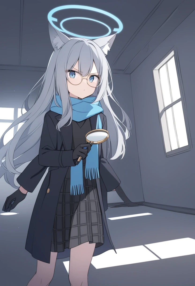 girl，Silver long hair, blue eyes, Wearing a black trench coat,Wearing gold-rimmed glasses，A sky blue scarf, Black gloves, And black plaid skirt, In an empty house，Serious expression, blue halo，Black top hat，Gray wolf ears，Handheld magnifying glass observation