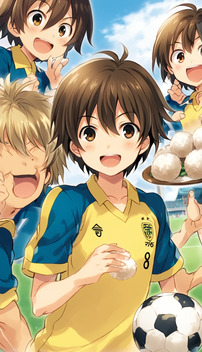 score_9, score_8_superior, score_7_superior, score_6_superior, score_5_superior, score_4_superior, sauce_anime, One boy, Handa Shinichi, Brown Hair, Brown eyes, Raimon Soccer Uniform, Pause, smile, Eat rice balls, View your viewers, 