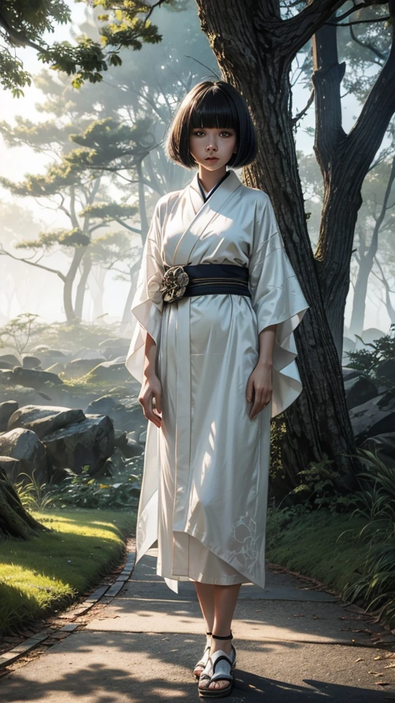 A ghostly with a bob haircut, wearing a white kimono, standing in a foggy park. Her face is not visible.