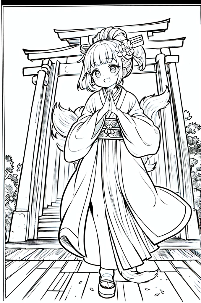 As a coloring book, the color should be black and white, the border should be simple, clear, and bold. A cheerful Asian girl with bright eyes and a mischievous smile is playfully posing in front of the iconic [Fushimi Inari-taisha Shrine] in Kyoto, Japan. She is dressed in a vibrant [kimono with fox pattern], the bold orange and white colors complementing the vermilion torii gates that line the path. The girl's hands are clasped in a playful gesture, and her hair is adorned with a traditional [kanzashi hair ornament].