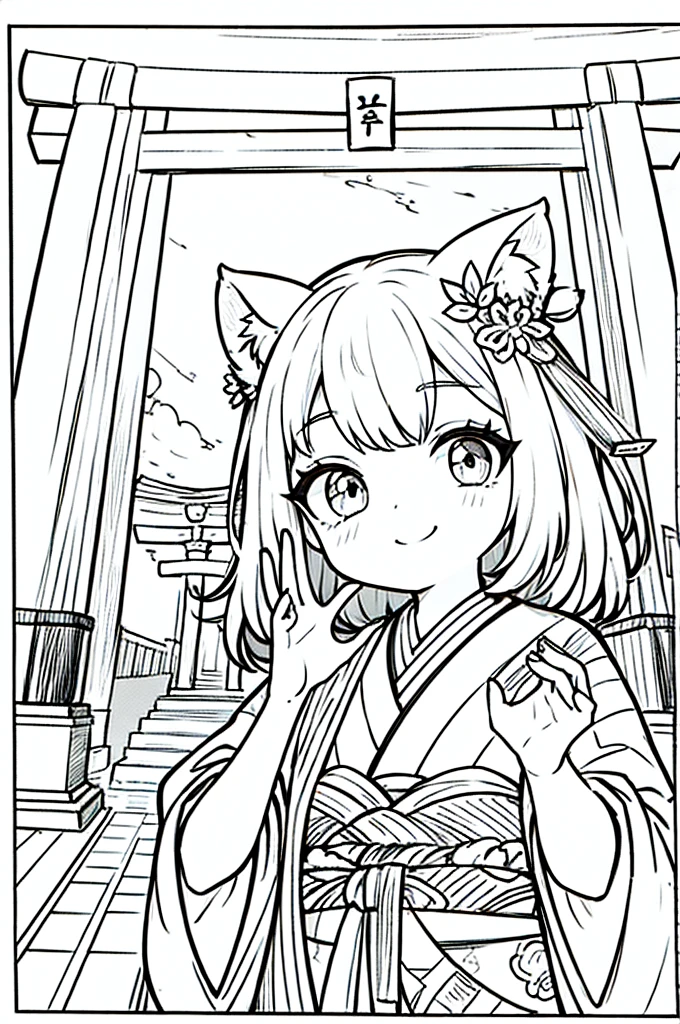 As a coloring book, the color should be black and white, the border should be simple, clear, and bold. A cheerful Asian girl with bright eyes and a mischievous smile is playfully posing in front of the iconic [Fushimi Inari-taisha Shrine] in Kyoto, Japan. She is dressed in a vibrant [kimono with fox pattern], the bold orange and white colors complementing the vermilion torii gates that line the path. The girl's hands are clasped in a playful gesture, and her hair is adorned with a traditional [kanzashi hair ornament].