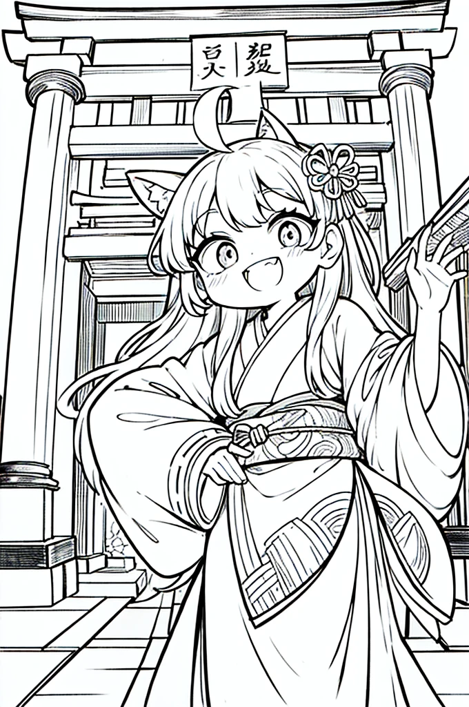 As a coloring book, the color should be black and white, the border should be simple, clear, and bold. A cheerful Asian girl with bright eyes and a mischievous smile is playfully posing in front of the iconic [Fushimi Inari-taisha Shrine] in Kyoto, Japan. She is dressed in a vibrant [kimono with fox pattern], the bold orange and white colors complementing the vermilion torii gates that line the path. The girl's hands are clasped in a playful gesture, and her hair is adorned with a traditional [kanzashi hair ornament].