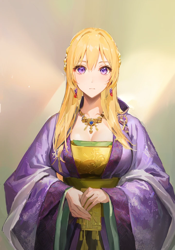 Wearing a purple robe、Cartoon image of a woman holding a bowl, ((Beautiful fantasy queen)), Produced in collaboration with Anime Painter Studio, Anime Goddess, Artoria Pendragon, Portrait of the Knights of the Zodiac, elfic priestess, ((Wearing noble robes)), Anime style like fate/overnight, Beautiful fantasy queen, In the anime painter studio，Three Kingdoms，Three Kingdoms志，Chinese style，antiquity，Hanfu，，Huge Breasts，Good shape，Royal sister，Purple Eyes