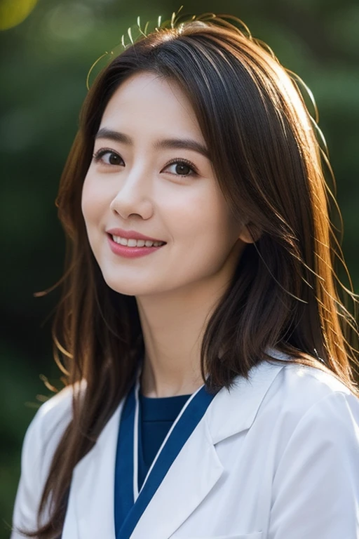 long Brond Hair、straight haired、Bright brown eyes、infp young woman、physician、Thin、cute little、Innocence、Photorealsitic、lensflare、looking at the viewers、shinny skin、Uniforms、intricate-detail、​masterpiece、top-quality、cinematric light、hight resolution、A detailed eye、detailed facial features、full body Esbian