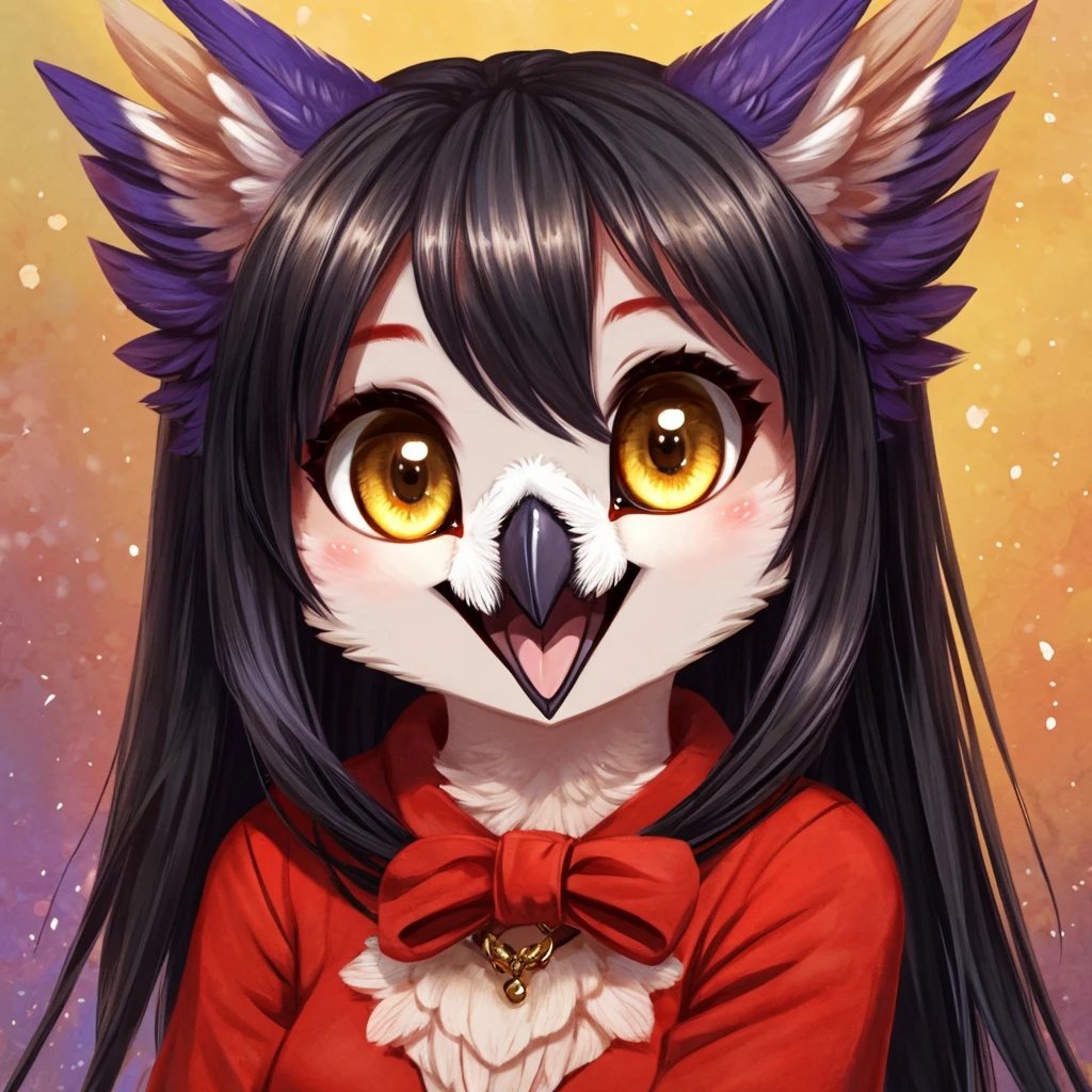 Solo, Female, species:owl, yellow eyes, purple feathers, long hair, black hair, cute face, happy