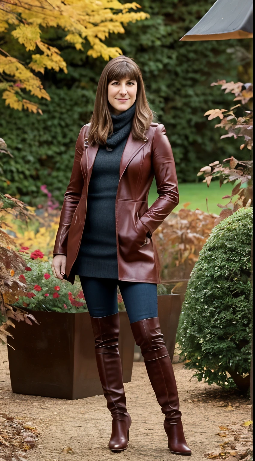 Mature Mayim Bialik with medium length hair, she stands in garden, It is autumn, she wears dark red leather overknee boots, and clothing appropriate to the weather, it&#39;s cloudy, she is wearing make-up, and she looks seductively into the camera