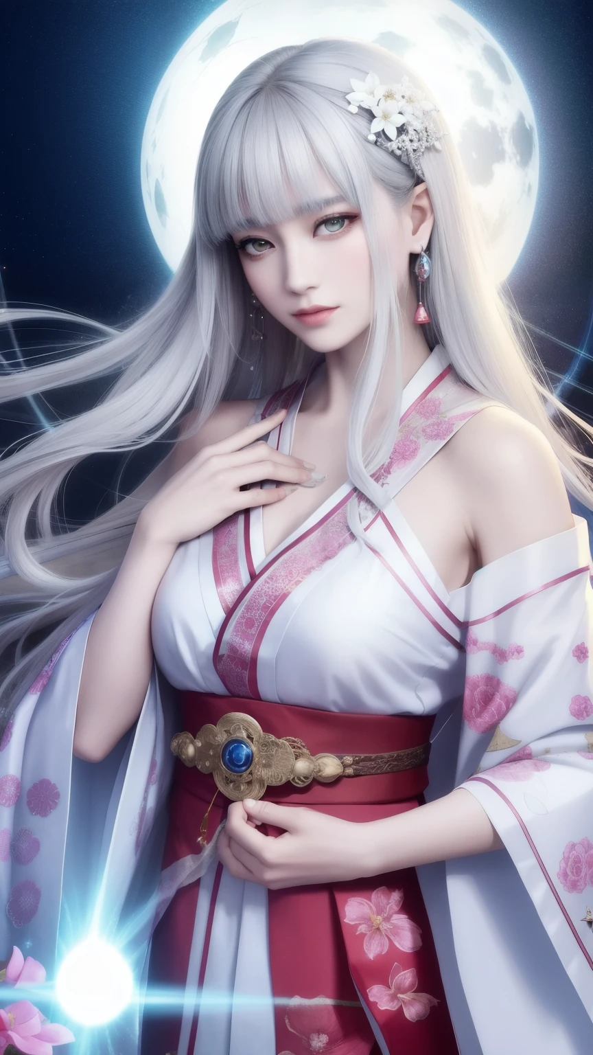 (masterpiece, Highest quality, 1 female, alone, Exquisite detail, chromatic aberration), (Realistic), (skin), ((breathe)), (Silver Hair, Blunt bangs, Short cut straight long hair, Short bangs, Silver Hair), Beautiful Hair, Red headdress, highlight, Hair on one eye, Beautiful Eyes, Purple eyes, Thick lips, Earrings, Sharp Eye, ((Gold and white kimono)), ((Symmetrical eyes)), ((Perfectly symmetrical body)), ((Perfectly symmetrical hands)), (PurerosFace_v1:0.3), Full moon night, ((Own, Natural light))), Bright lighting, Flowers Blooming in background, In front of the audience, ((Central Shot, from the front, (Face and shoulders))), Mysterious atmosphere, colorful Flowers Blooming around, Light color background, 着物を着たShrine maiden, 美しいShrine maiden, Shrine maiden, ファンタジーのShrine maiden, 占いのShrine maiden, Fantasy Photography, Japanese style, Elegant cinematic fantasy art, Fantasy Woman, Magician Portrait, A powerful wizard surrounded by mystical colorful flowers, Embracing a shining heartrystal ball, Eyes glowing with mystical energy, The spell that escapes from her mouth, A vibrant, rainbow-colored, pulsating magical vortex appears in the air., The magic permeates, Flowers Bloom, Sacred creatures gaze upon with awe, Threads of magical energy dance, Uncover hidden areas, Uncovering the secrets, Capture the essence of this enchanting moment、Highest qualityのキャンバスに魔術の神秘的な力を生き生きと表現します。. Highest quality, masterpiece, ultra High resolution, (photoRealistic: 1.4), RAW Photos, Sharp focus, High resolution, detailed skin.
周囲にFlowers Bloom, Light color background, fortune teller in kimono, beautiful fortune teller, fortune teller, fantasy female fortune teller, female fortune teller, Fantasy Photography, Japanese style, fortune teller in kimono, Elegant cinematic fantasy art, Fantasy Woman, Portrait of a Magician, fortune teller, A powerful wizard surrounded by mystical colorful flowers, Embracing a shining heart
