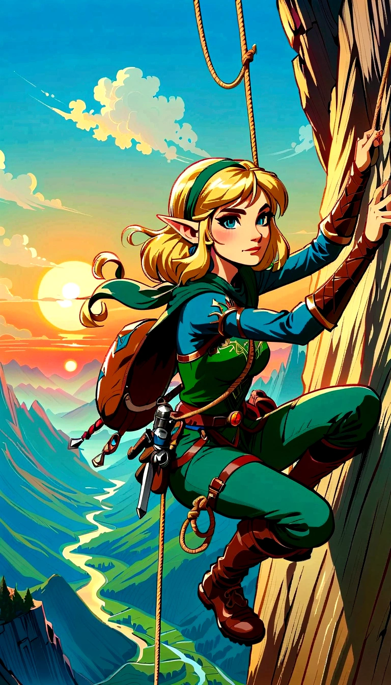 (best quality，8K，Ultra-high resolution，masterpiece)，very good，illustration，Princess Zelda，blonde，Blue Eyes，Green clothes，Rock climbing action，Steep，Hand pull rope，Mountaineering，Slope Rock，Professional display，sunrise，Beautiful scenery