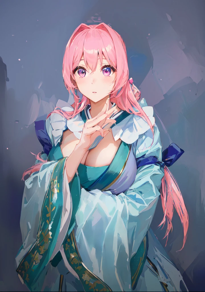 Pink Hair、Anime girl in blue dress poses for photo, Pink ponytail hair and pink eyes, Produced in collaboration with Anime Painter Studio, In the anime painter studio, Portrait of the Knights of the Zodiac, Sonison,超级Sonison, pixiv 3dcg, 穿着漂亮裙子的cute动漫女孩, Pixiv competition winner, Digital Art on pixiv,Three Kingdoms。Three Kingdoms志,中Chinese style,Chinese style,antiquity,Three Kingdoms无双,,Huge breasts,Good shape,cute