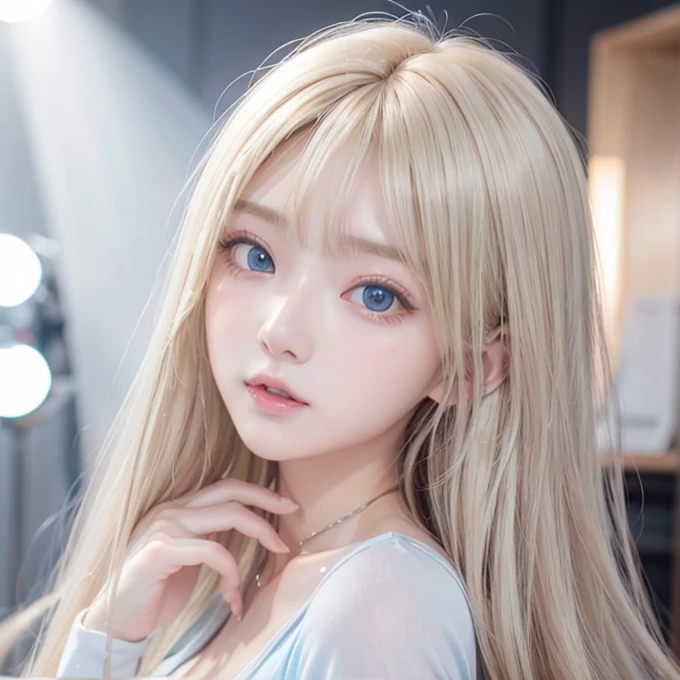 Golden shiny hair、Super long straight silky hair、Dazzling blonde super long silky hair、20 years old cute little beautiful face、A beautiful girl、Sparkling blonde dancing in front of a pretty face、Long, silky bangs that cover the space between the eyes、Very beautiful, bright, large, light blue eyes、Very big eyes、Hair that hides the face、Sexy pretty young woman with super long bangs、Very white skin、Cheek gloss highlighter、Small Face Beauty、Round face、Cute Shirts、Ample Bust 、pink small nipples
